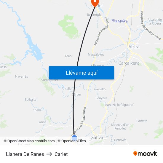 Llanera De Ranes to Carlet map