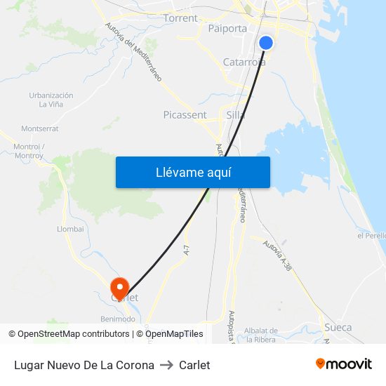 Lugar Nuevo De La Corona to Carlet map