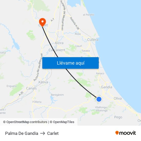 Palma De Gandía to Carlet map