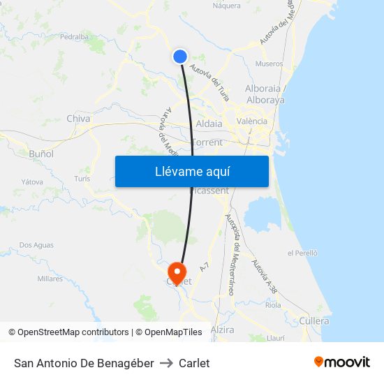 San Antonio De Benagéber to Carlet map