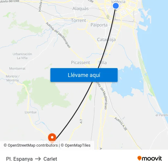 Pl. Espanya to Carlet map