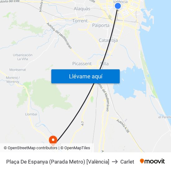 Plaça De Espanya (Parada Metro) [València] to Carlet map