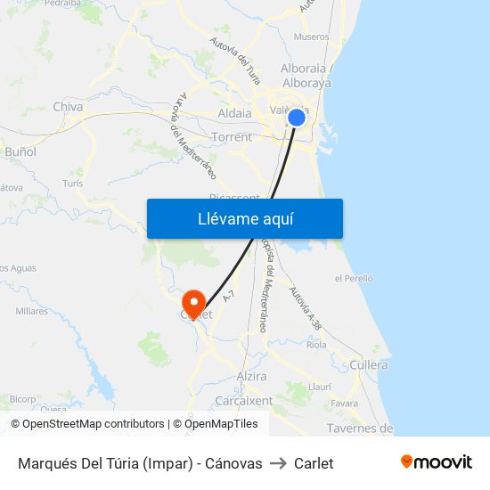 Marqués Del Túria (Impar) - Cánovas to Carlet map