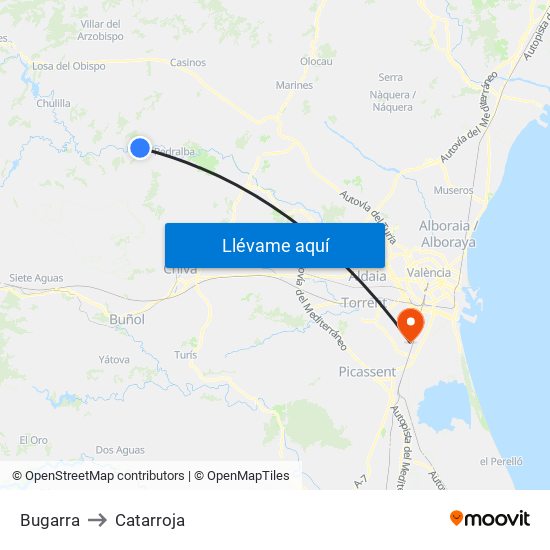 Bugarra to Catarroja map