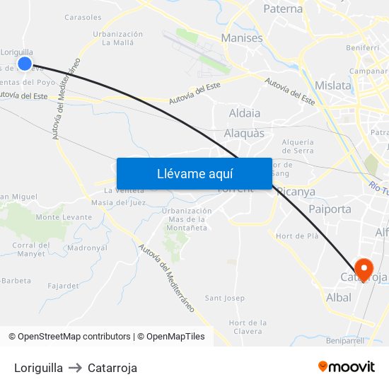 Loriguilla to Catarroja map