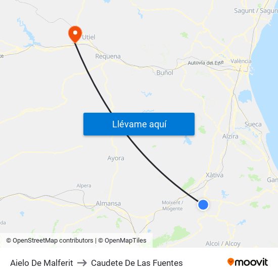 Aielo De Malferit to Caudete De Las Fuentes map