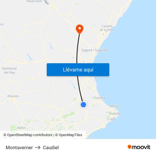 Montaverner to Caudiel map