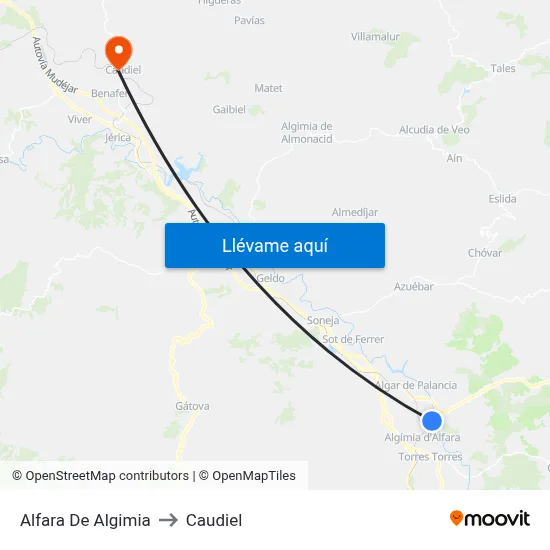 Alfara De Algimia to Caudiel map