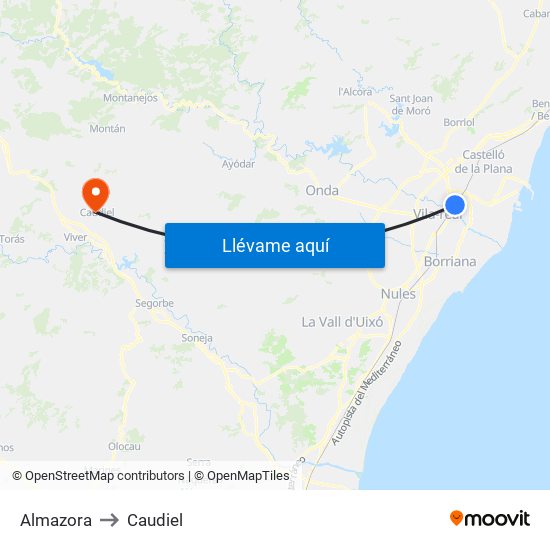 Almazora to Caudiel map