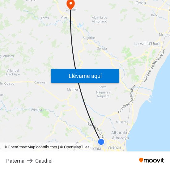 Paterna to Caudiel map