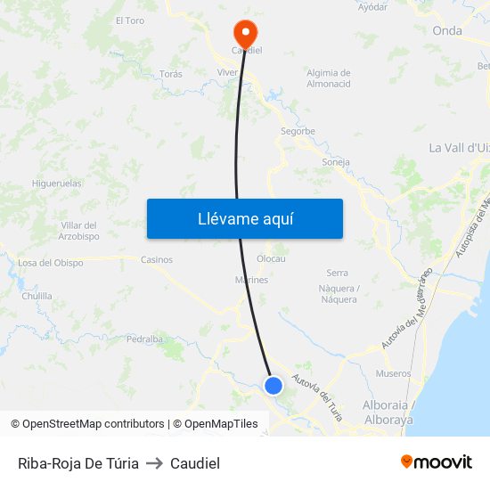 Riba-Roja De Túria to Caudiel map