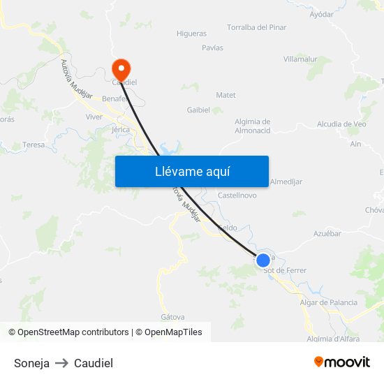 Soneja to Caudiel map