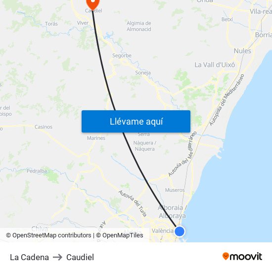 La Cadena to Caudiel map