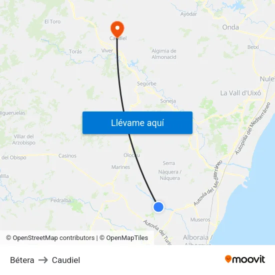 Bétera to Caudiel map