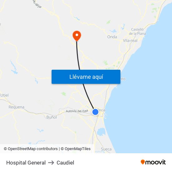Hospital General to Caudiel map