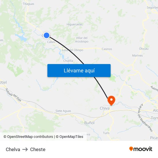 Chelva to Cheste map