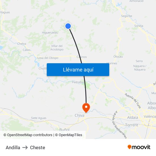 Andilla to Cheste map