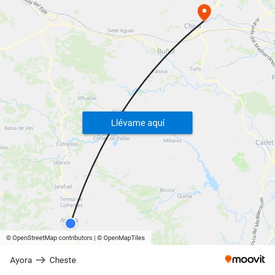Ayora to Cheste map