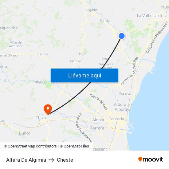 Alfara De Algimia to Cheste map