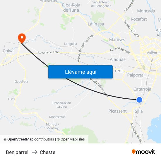 Beniparrell to Cheste map