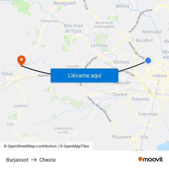 Burjassot to Cheste map