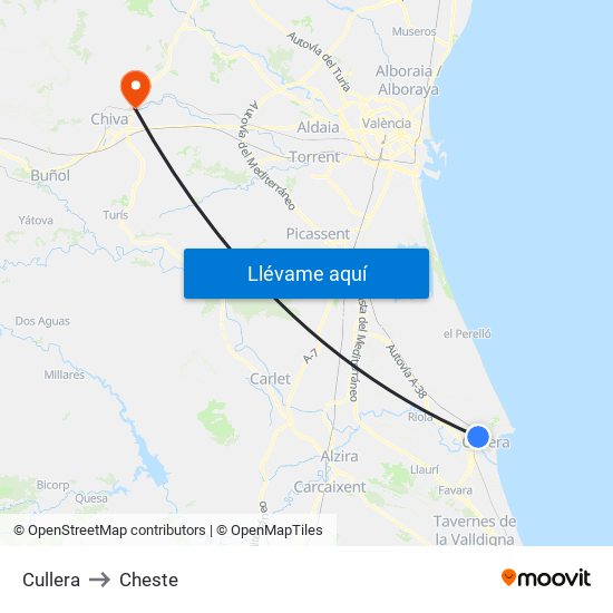 Cullera to Cheste map