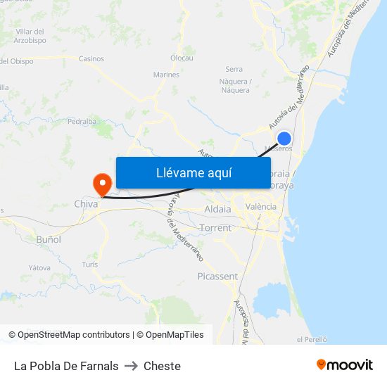 La Pobla De Farnals to Cheste map