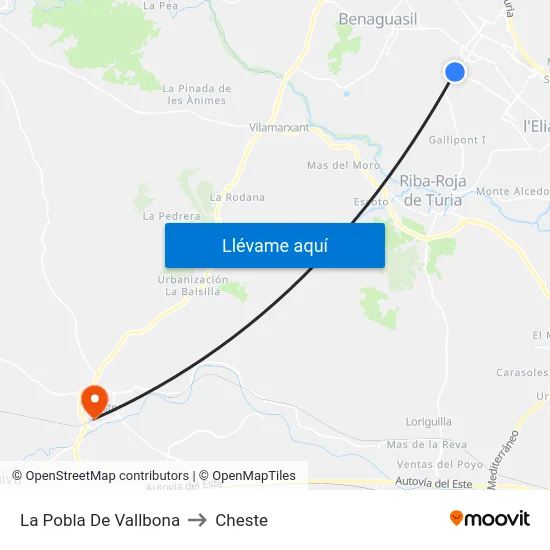 La Pobla De Vallbona to Cheste map