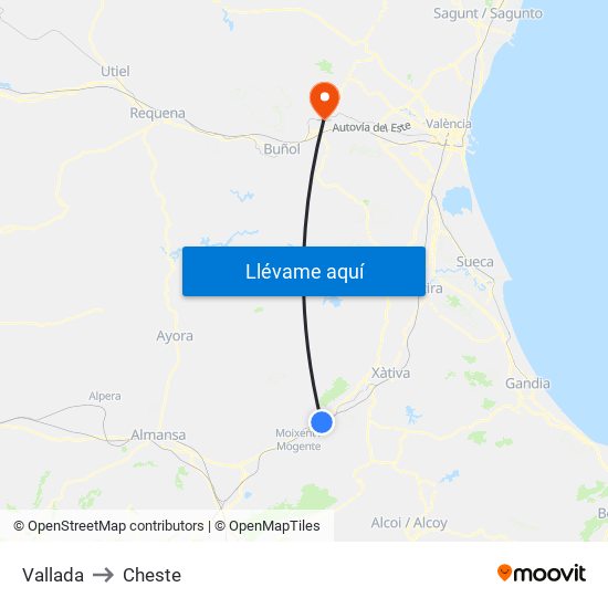 Vallada to Cheste map