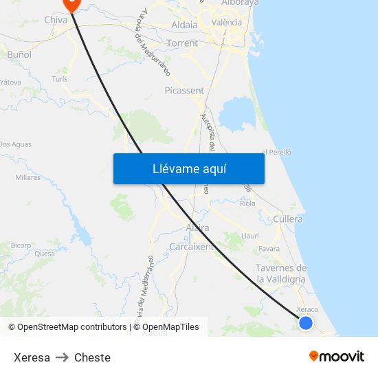 Xeresa to Cheste map