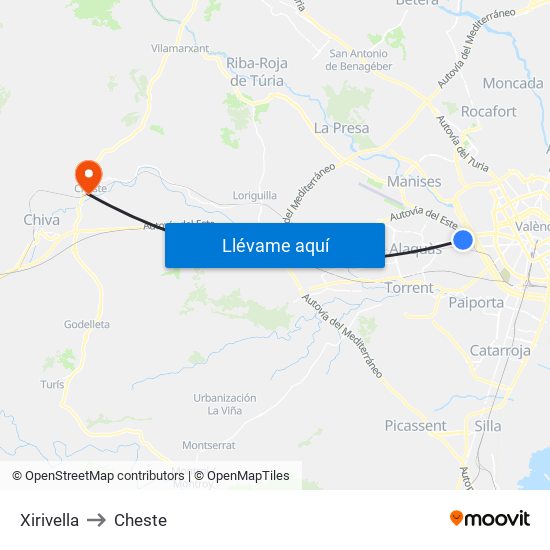 Xirivella to Cheste map