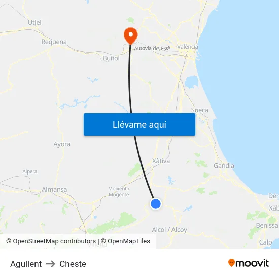 Agullent to Cheste map