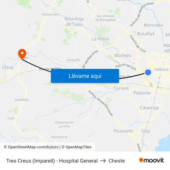 Tres Creus (Imparell) - Hospital General to Cheste map