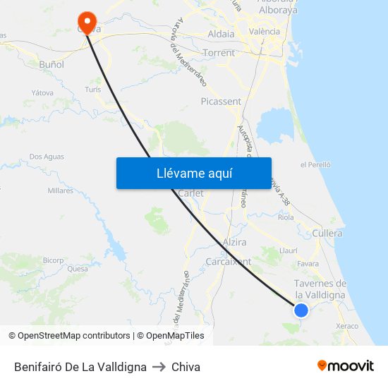 Benifairó De La Valldigna to Chiva map