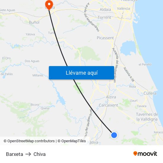 Barxeta to Chiva map