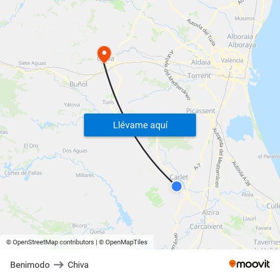 Benimodo to Chiva map