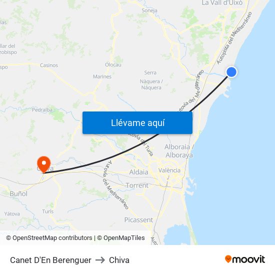 Canet D'En Berenguer to Chiva map