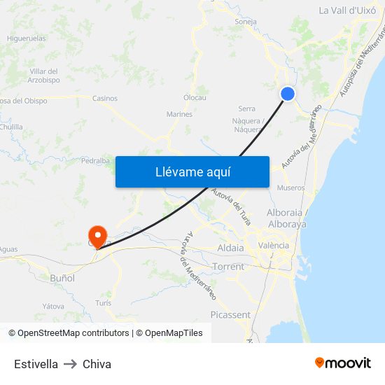 Estivella to Chiva map