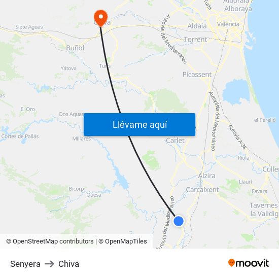 Senyera to Chiva map