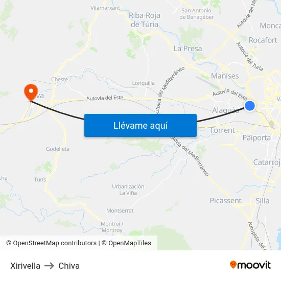 Xirivella to Chiva map