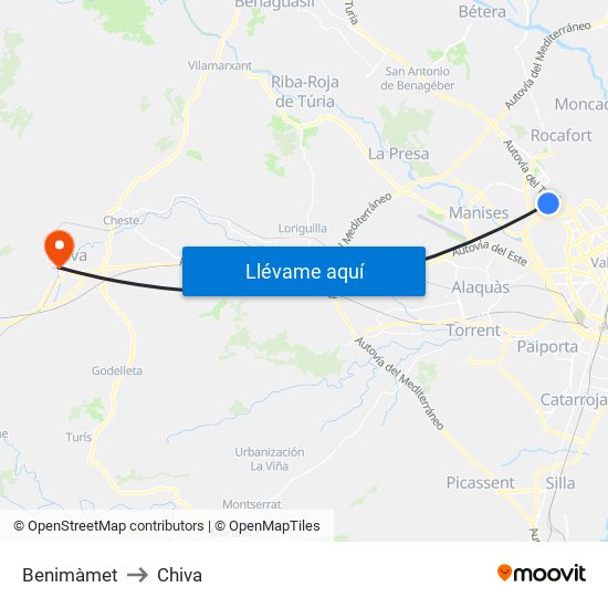 Benimàmet to Chiva map