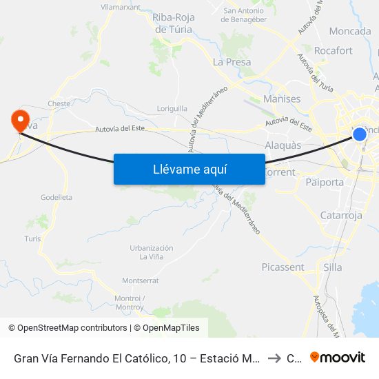 Gran Vía Fernando El Católico, 10 – Estació Metro Ángel Guimerá [València] to Chiva map