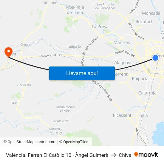 València. Gran Vía Fernando El Católico, 10 to Chiva map