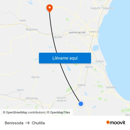 Benissoda to Chulilla map