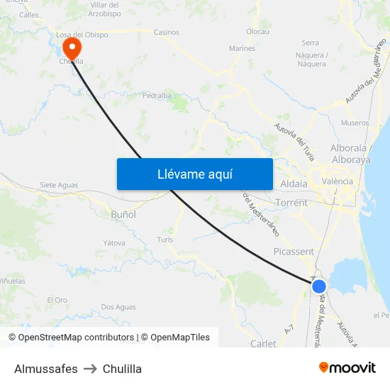 Almussafes to Chulilla map