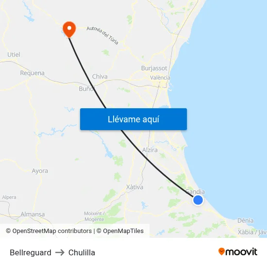 Bellreguard to Chulilla map