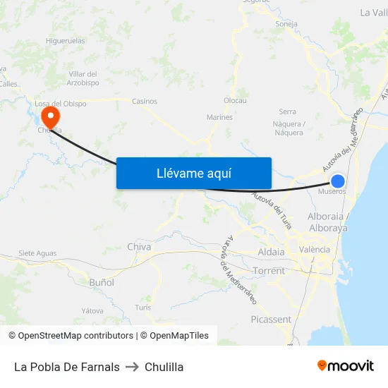 La Pobla De Farnals to Chulilla map