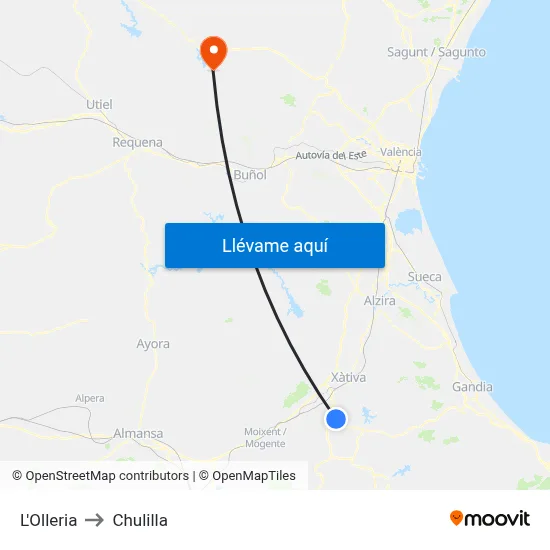 L'Olleria to Chulilla map