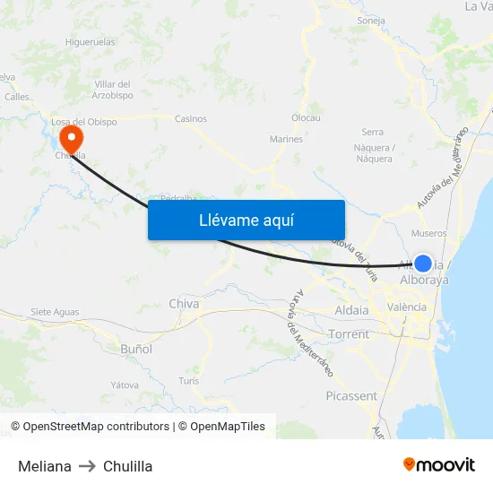 Meliana to Chulilla map
