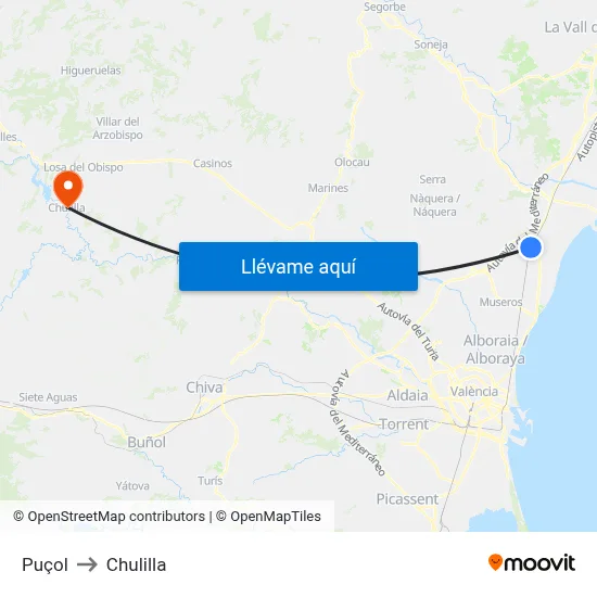 Puçol to Chulilla map